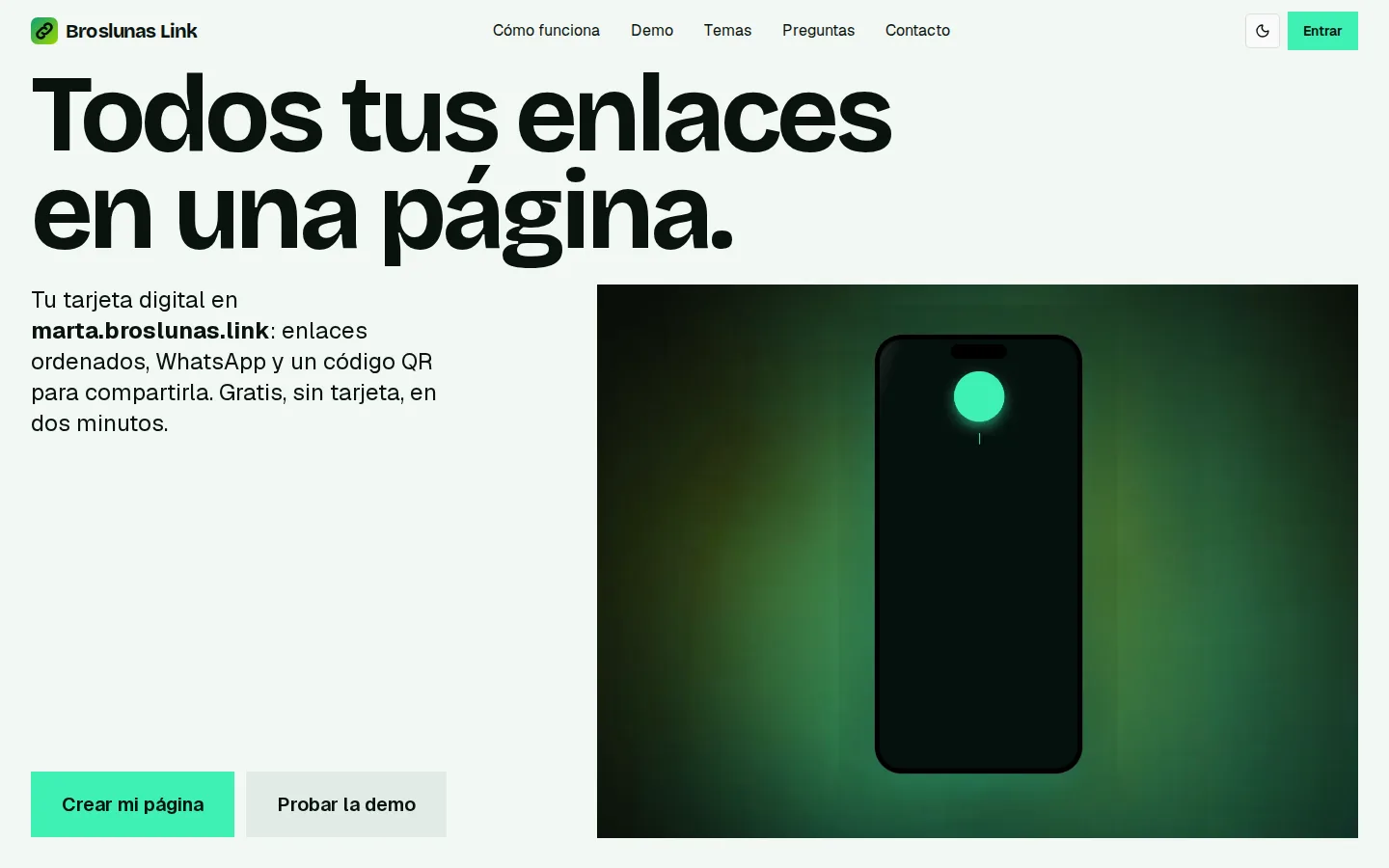 broslunas.link landing page with a real page demo.