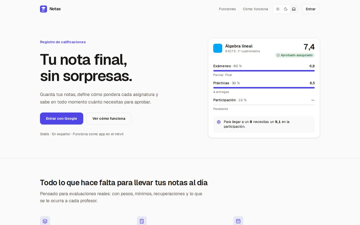 El mismo diseño en tema claro: sigue al sistema y se cambia a mano.