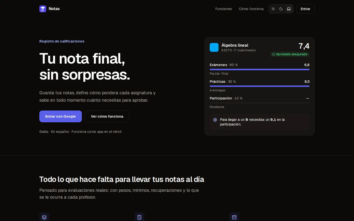 Landing de notas.broslunas.com con una asignatura de ejemplo en tema oscuro.